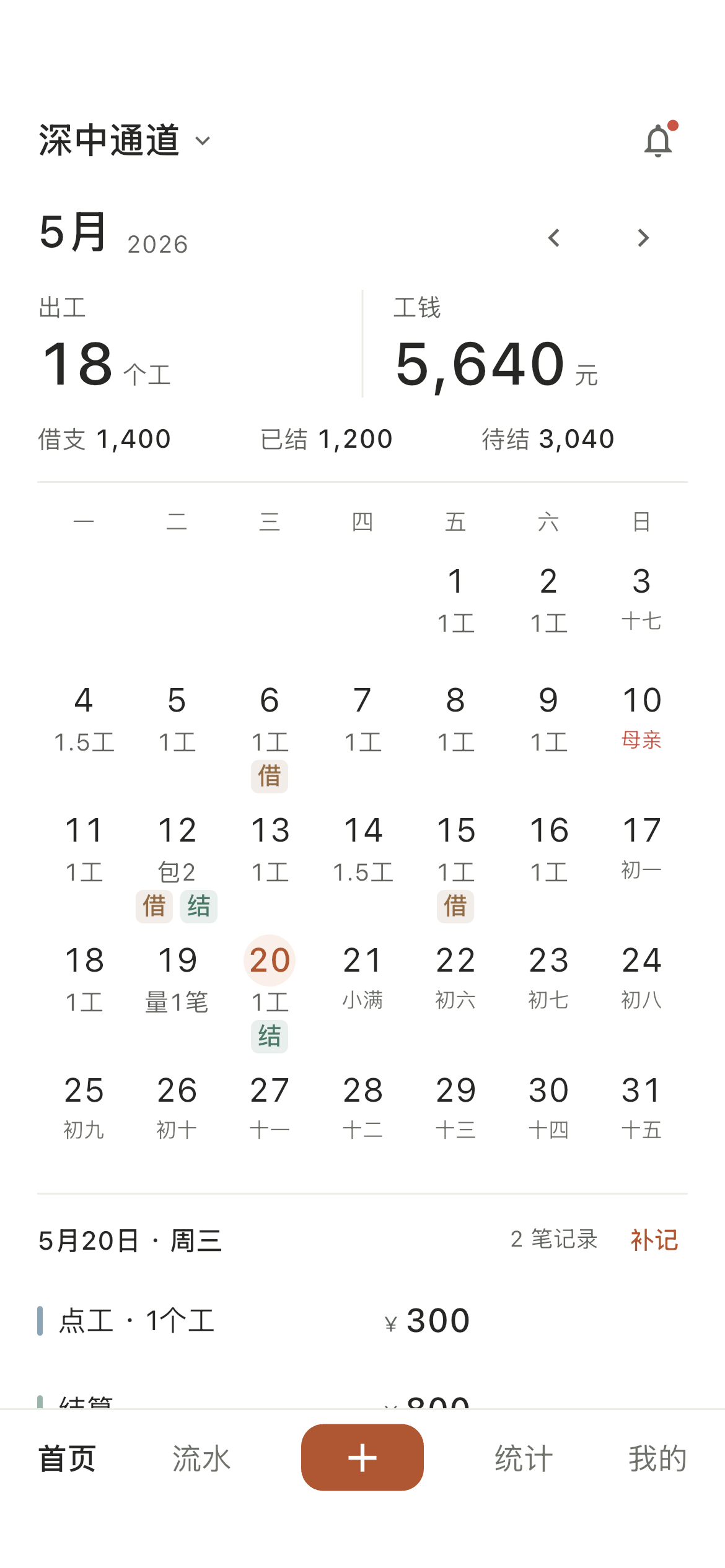 记工日历页，按日记录点工、包工与工量